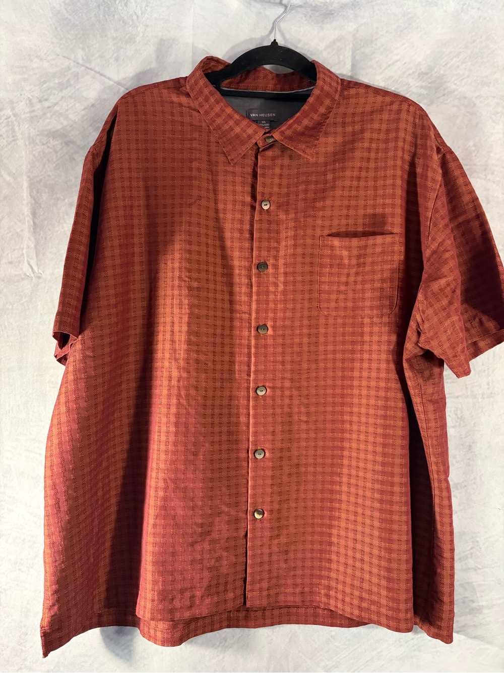 Van Heusen Men’s XXL Short Sleeve Button Front Shirt Orange Check Casual